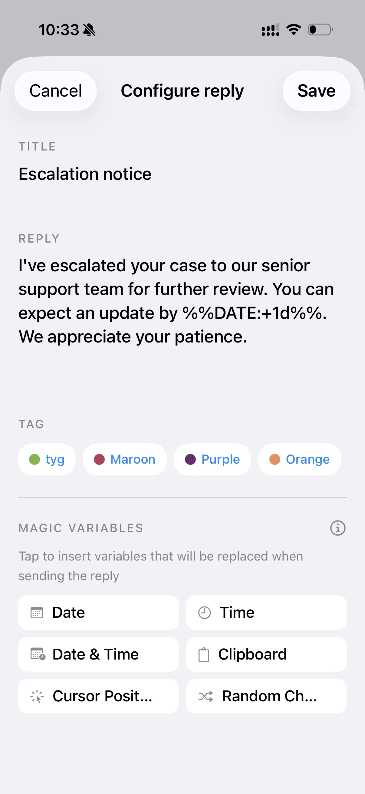 Configuring a saved reply, inserting magic variables like date, time, and clipboard